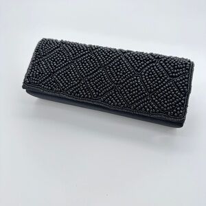 Bijoux Terner Black Satin Beaded convertible clutch, shoulder strap
